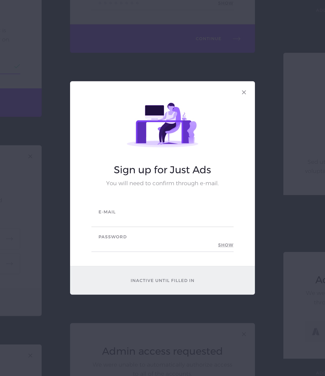 JustAds signup process wireframes